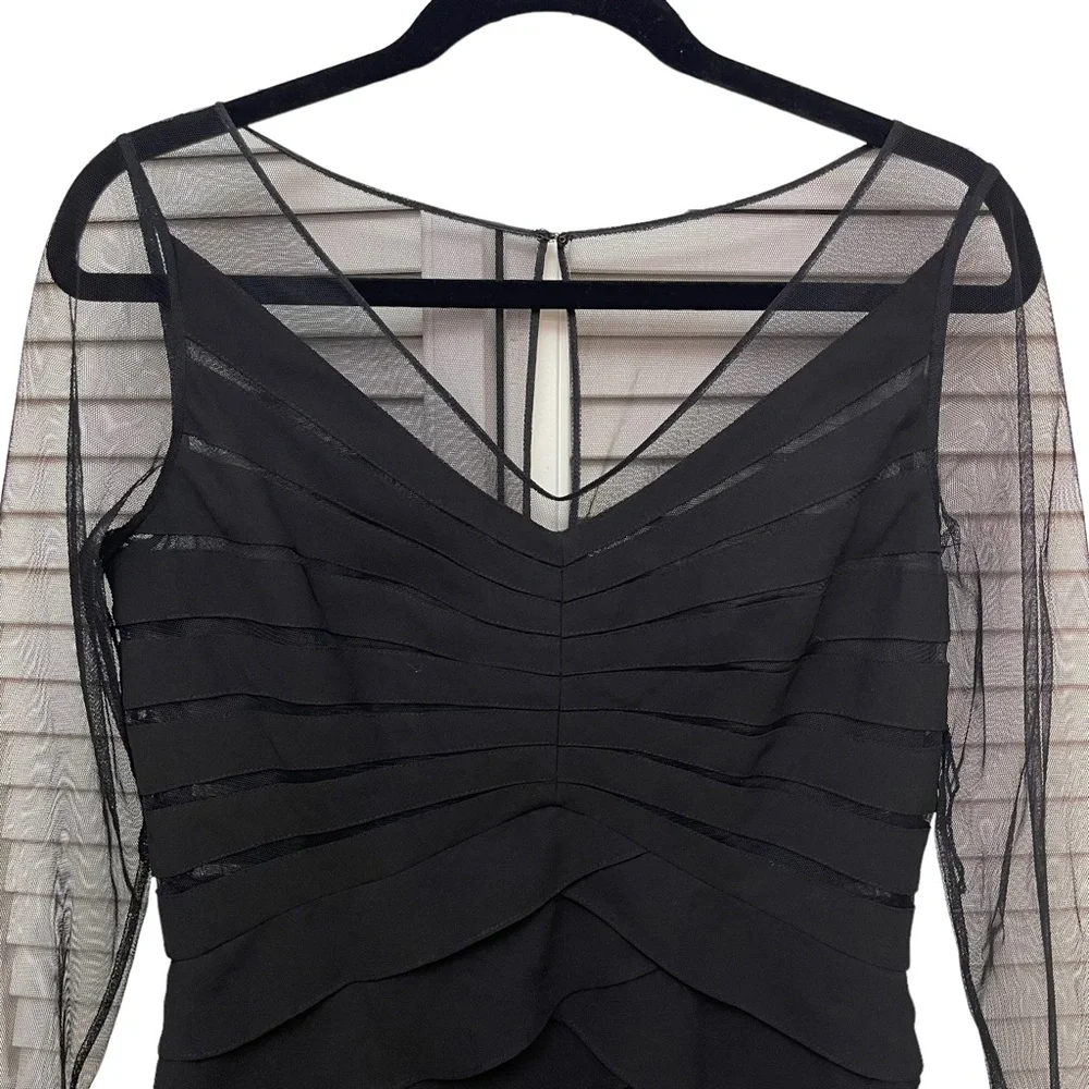 Adrianna Papell Long Sleeve Mesh Tiered Raffled Black Midi Dress Size 8 - Picture 4 of 10
